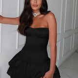 Abito da festa sexy, aderente, senza spalline e arricciato