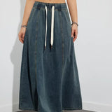 Gonna lunga in denim da donna - Vita elasticizzata con coulisse - Vestibilità ampia