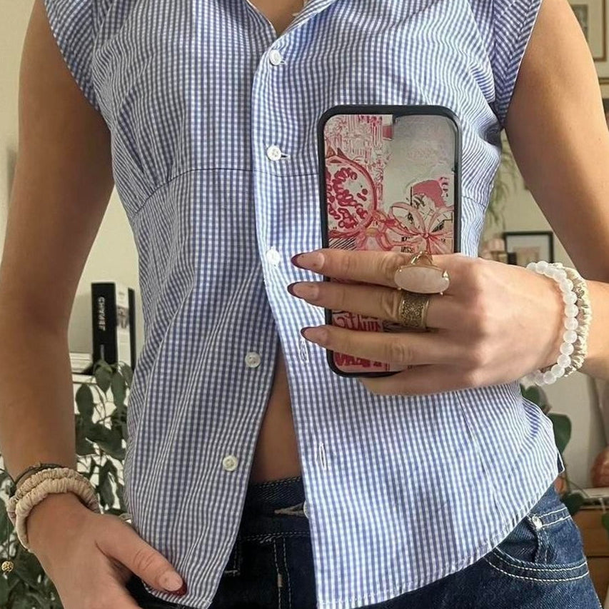 Camicetta versatile a quadri rossi e bianchi