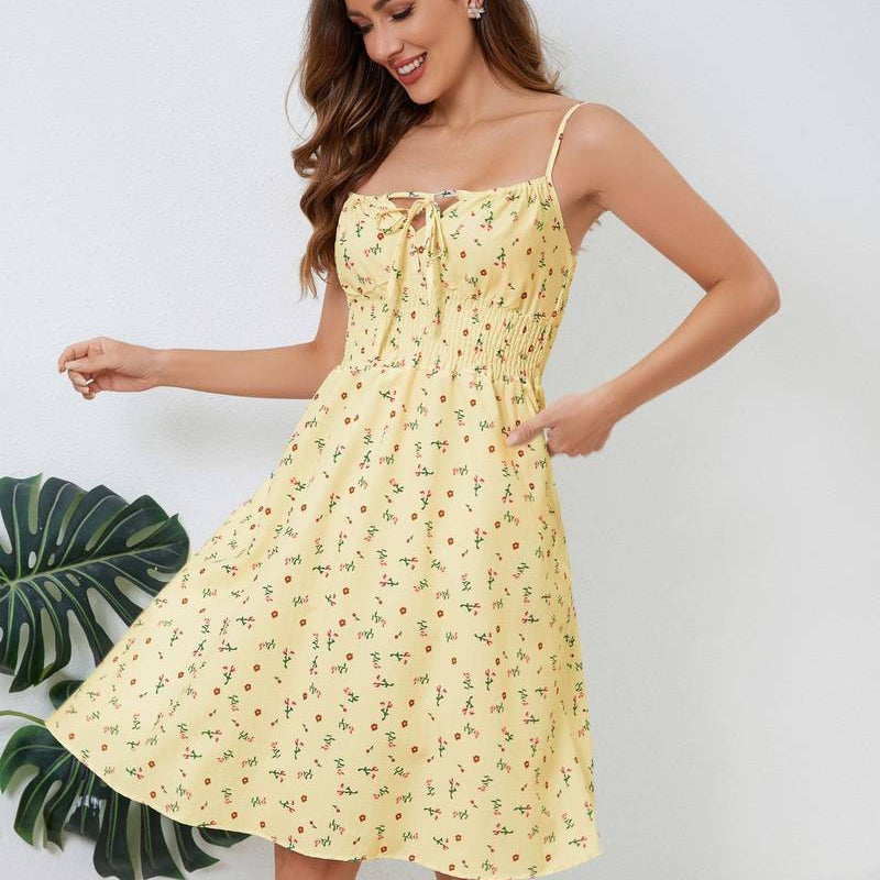 Abito canotta da donna - Spalline sottili - Scollo quadrato - Motivo floreale - Taglio svasato