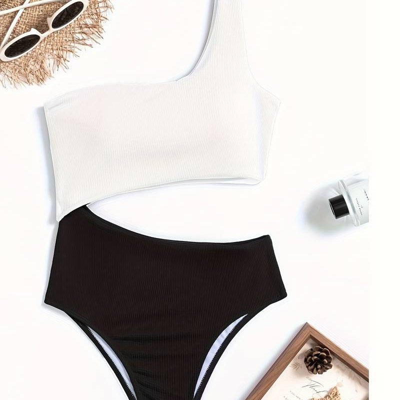 Costume da bagno da donna – Intero – Scollatura asimmetrica – Sgambatura alta – Tessuto a costine