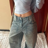 Jeans a gamba larga con strass vintage