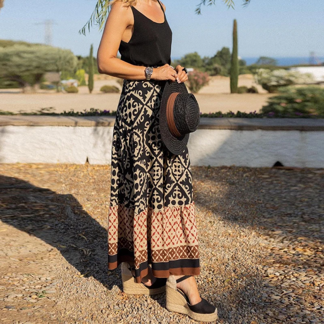 Gonna lunga da donna – Taglio svasato – Motivo geometrico – Orlo arricciato – Fibre naturali