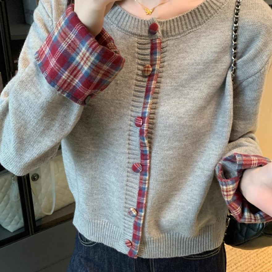 Cardigan girocollo a contrasto con motivo scozzese rosso