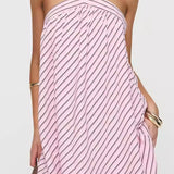 Mini abito chic a righe con scollo all'americana e schiena scoperta