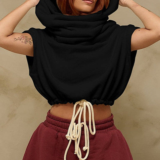 Felpa con cappuccio corta e collo largo casual tinta unita