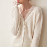 Cardigan in maglia con scollo a V e pizzo in cashmere
