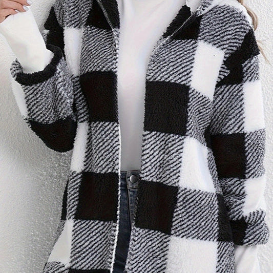 Cappotto di media lunghezza con cappuccio e pelliccia a quadri