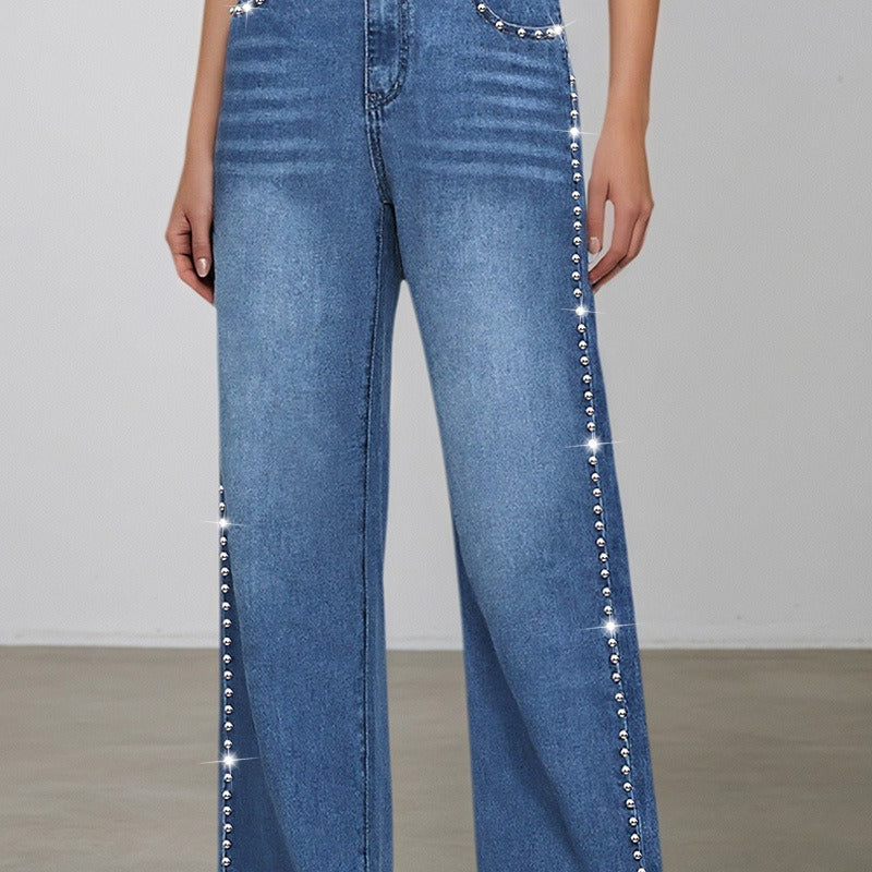 Jeans a gamba dritta con vita alta e perline lavati