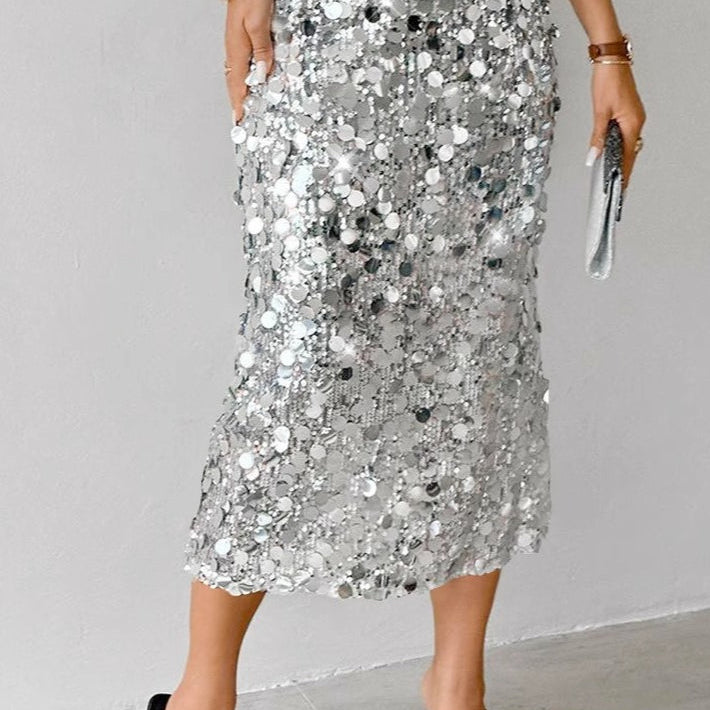 Gonna midi a vita alta con paillettes tinta unita