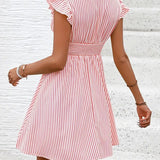 Abito da donna - Scollo incrociato - Maniche a balze - Vita aderente - Gonna svasata