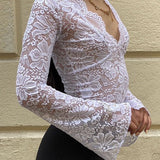 Camicetta vintage a maniche lunghe in pizzo trasparente