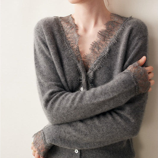Cardigan in maglia con scollo a V e pizzo in cashmere