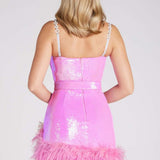 Abito da festa con canotta e paillettes viola con cintura in pelliccia sintetica