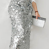 Gonna midi a vita alta con paillettes tinta unita