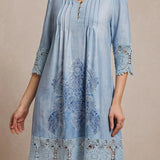 Abito da donna - Stile bohémien - Lunghezza midi - Maniche a 3/4 con rifiniture in pizzo - Scollo a V con bottoni - Ricamo