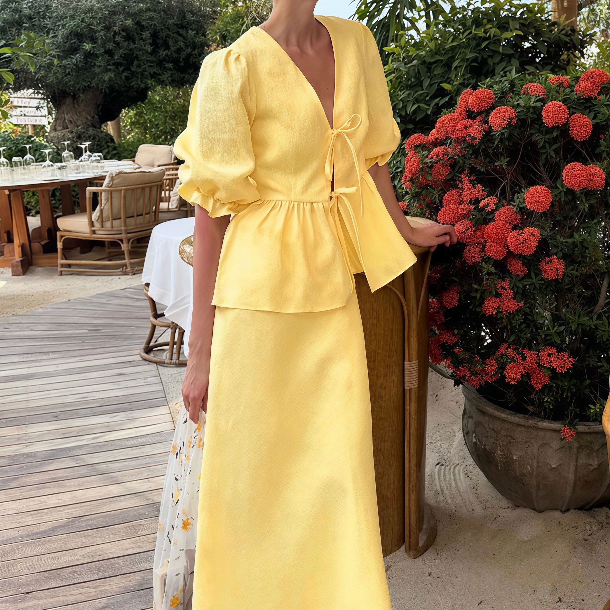 Completo gonna a maniche corte con volant e scollo a V casual tinta unita