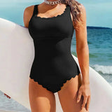 Costume intero da donna – Tessuto elasticizzato a coste – Scollo a U – Rifiniture smerlate