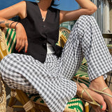 Pantaloni larghi da donna - Vita alta - Motivo a quadretti - Tessuto leggero e traspirante