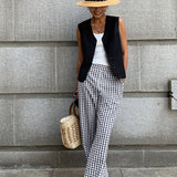 Pantaloni larghi da donna - Vita alta - Motivo a quadretti - Tessuto leggero e traspirante