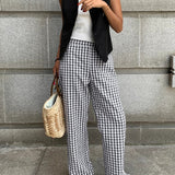 Pantaloni larghi da donna - Vita alta - Motivo a quadretti - Tessuto leggero e traspirante