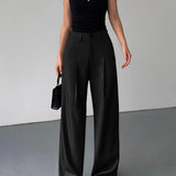 Pantaloni larghi da donna - Vita alta - Eleganti plissettati - Vestibilità ampia e fluida