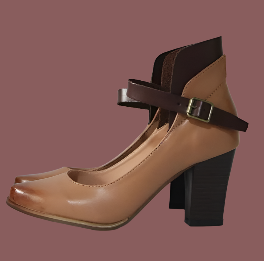 Scarpe da donna con tacco a blocco – Pelle liscia – Cinturino alla caviglia – Elegante punta tonda