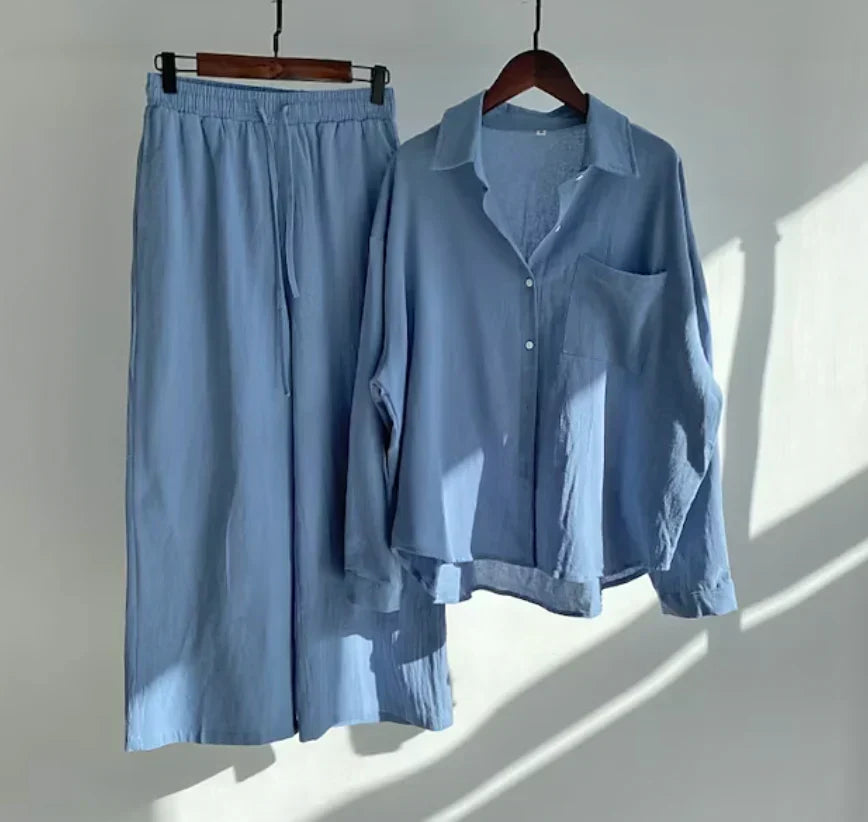 Completo coordinato da donna – Camicia ampia e pantaloni a gamba larga – Cotone traspirante