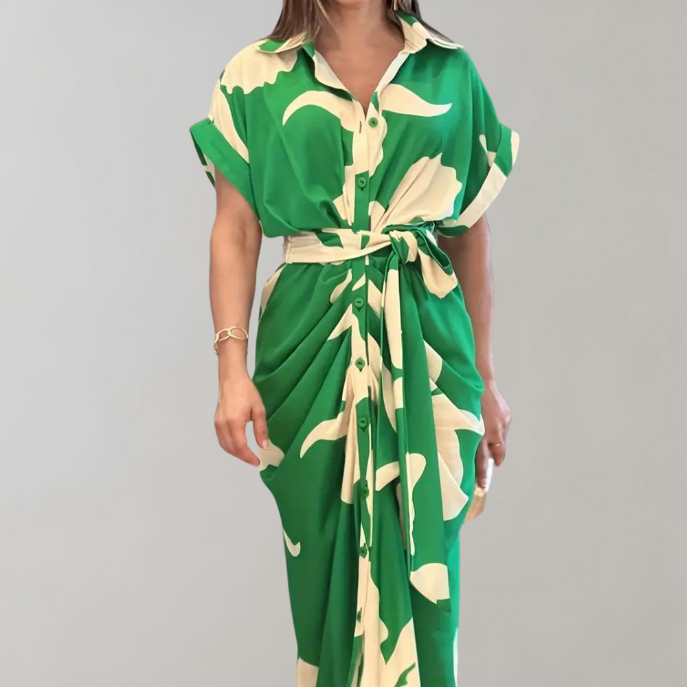 Abito camicia da donna - Stampa floreale - Maniche corte - Cintura in vita - Abbottonatura