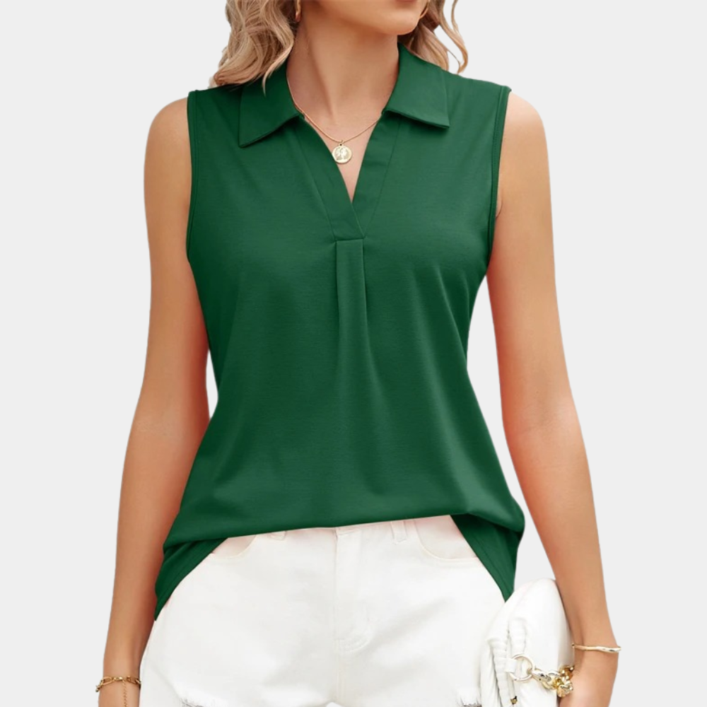 Camicetta senza maniche da donna - Scollo a V classico - Elegante dettaglio plissettato - Tessuto fluido