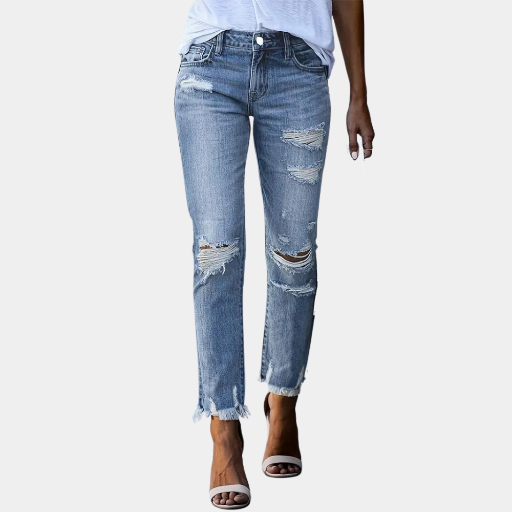 Jeans slim fit da donna - Vita classica - Effetto consumato e orlo sfrangiato - Stile casual
