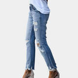 Jeans slim fit da donna - Vita classica - Effetto consumato e orlo sfrangiato - Stile casual