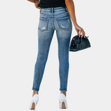 Jeans skinny da donna - Vita alta - Bottoni a vista - Denim elasticizzato - Effetto invecchiato