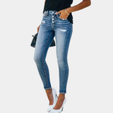Jeans skinny da donna - Vita alta - Bottoni a vista - Denim elasticizzato - Effetto invecchiato