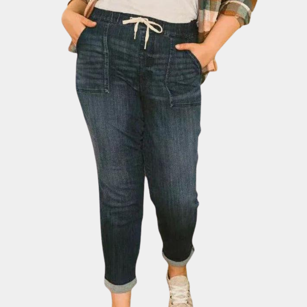 Pantaloni da jogging da donna - Vita alta - Denim - Vestibilità comoda - Coulisse regolabile