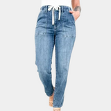 Pantaloni da jogging da donna - Vita alta - Denim - Vestibilità comoda - Coulisse regolabile
