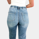 Pantaloni da jogging da donna - Vita alta - Denim - Vestibilità comoda - Coulisse regolabile