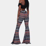 Pantaloni a zampa da donna - Vita alta - Stampa bohémien - Svasati e aderenti