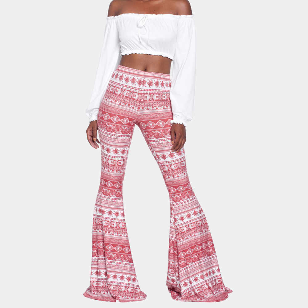 Pantaloni a zampa da donna - Vita alta - Stampa bohémien - Svasati e aderenti