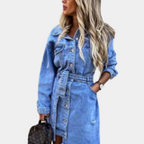 Abito camicia da donna - Denim - Maniche lunghe - Cintura regolabile - Chiusura frontale con bottoni