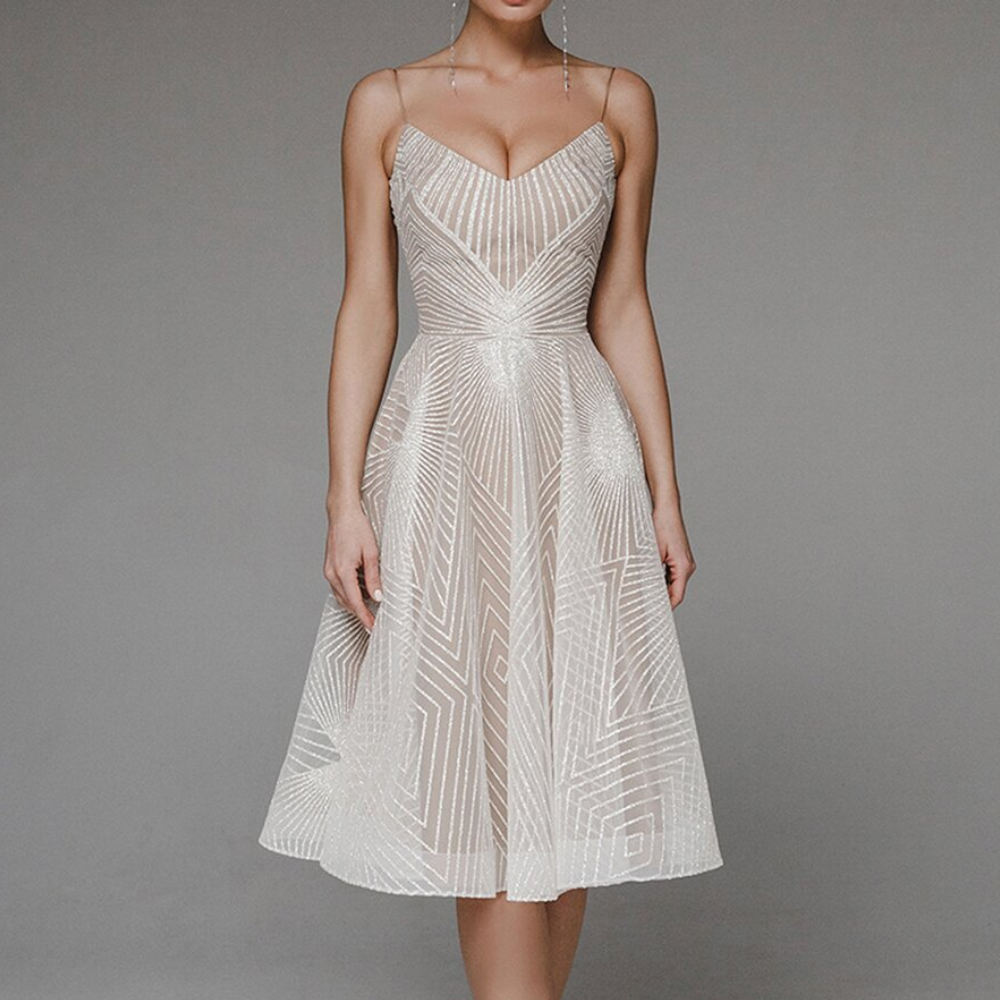 Abito da cocktail da donna - Scollo a V - Spalline sottili - Taglio midi svasato - Tessuto lucido