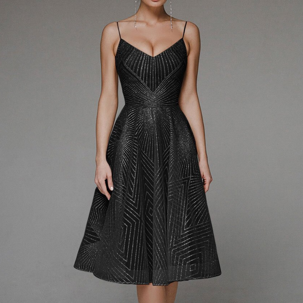 Abito da cocktail da donna – Scollo a cuore – Spalline sottili – Taglio svasato – Motivo geometrico