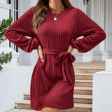 Abito in maglia da donna - Maglia a coste - Maniche lunghe - Vestibilità ampia - Cintura in vita