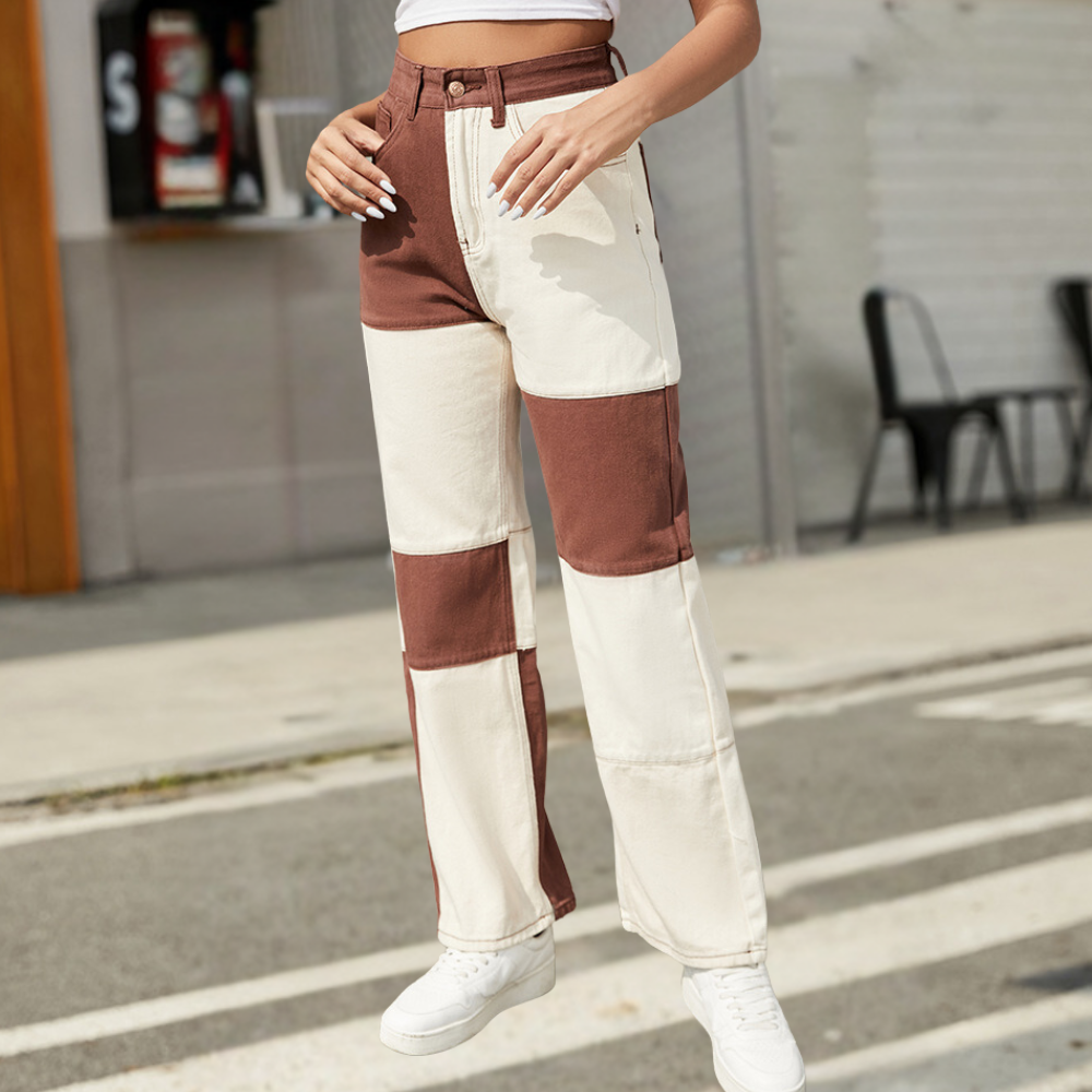 Jeans da donna - Taglio dritto - Patchwork alla moda - Vita alta - Casual alla moda