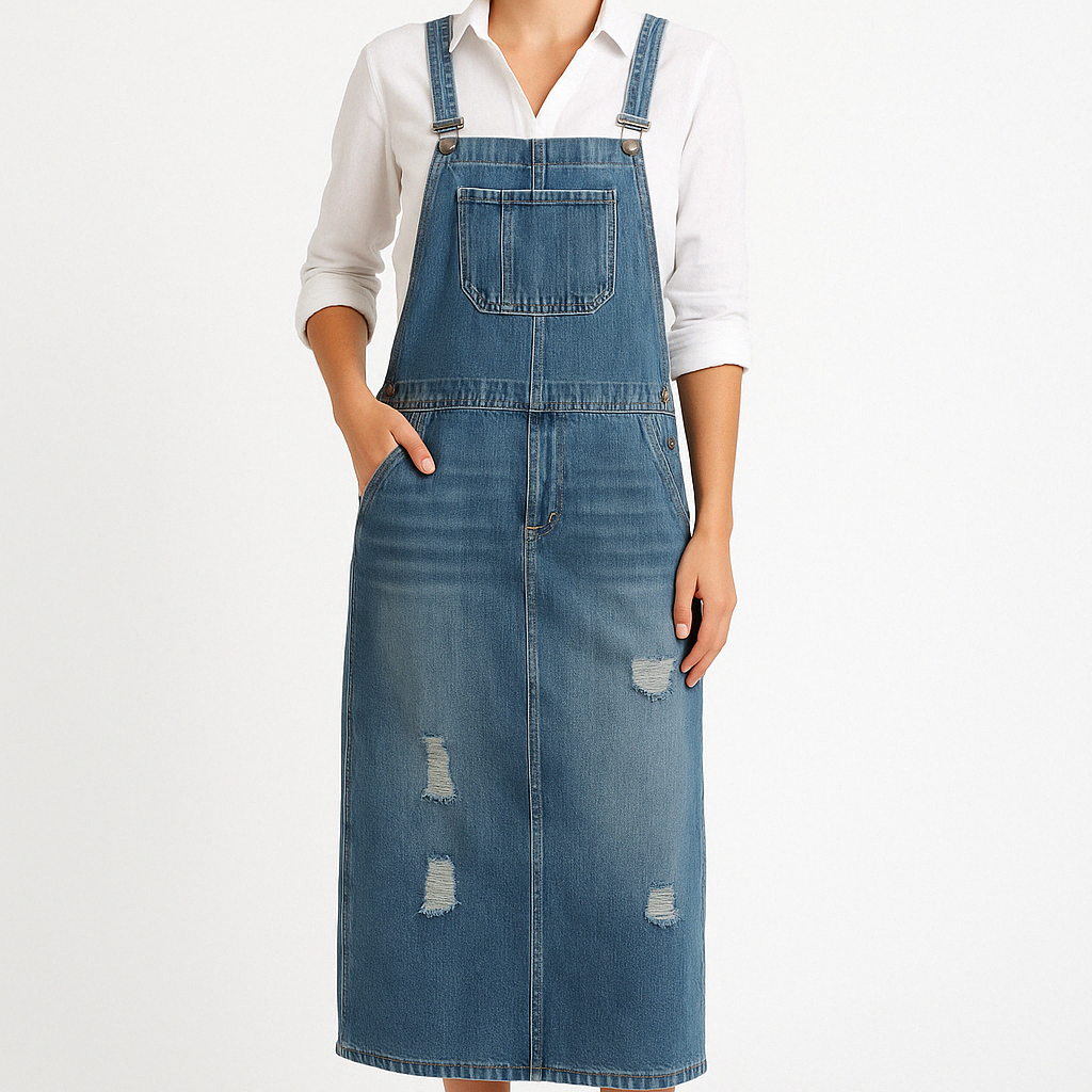 Abito in denim da donna – Vestibilità rilassata – Spalline regolabili – Dettagli effetto consumato – Lunghezza midi