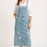 Abito in denim da donna – Vestibilità rilassata – Spalline regolabili – Dettagli effetto consumato – Lunghezza midi