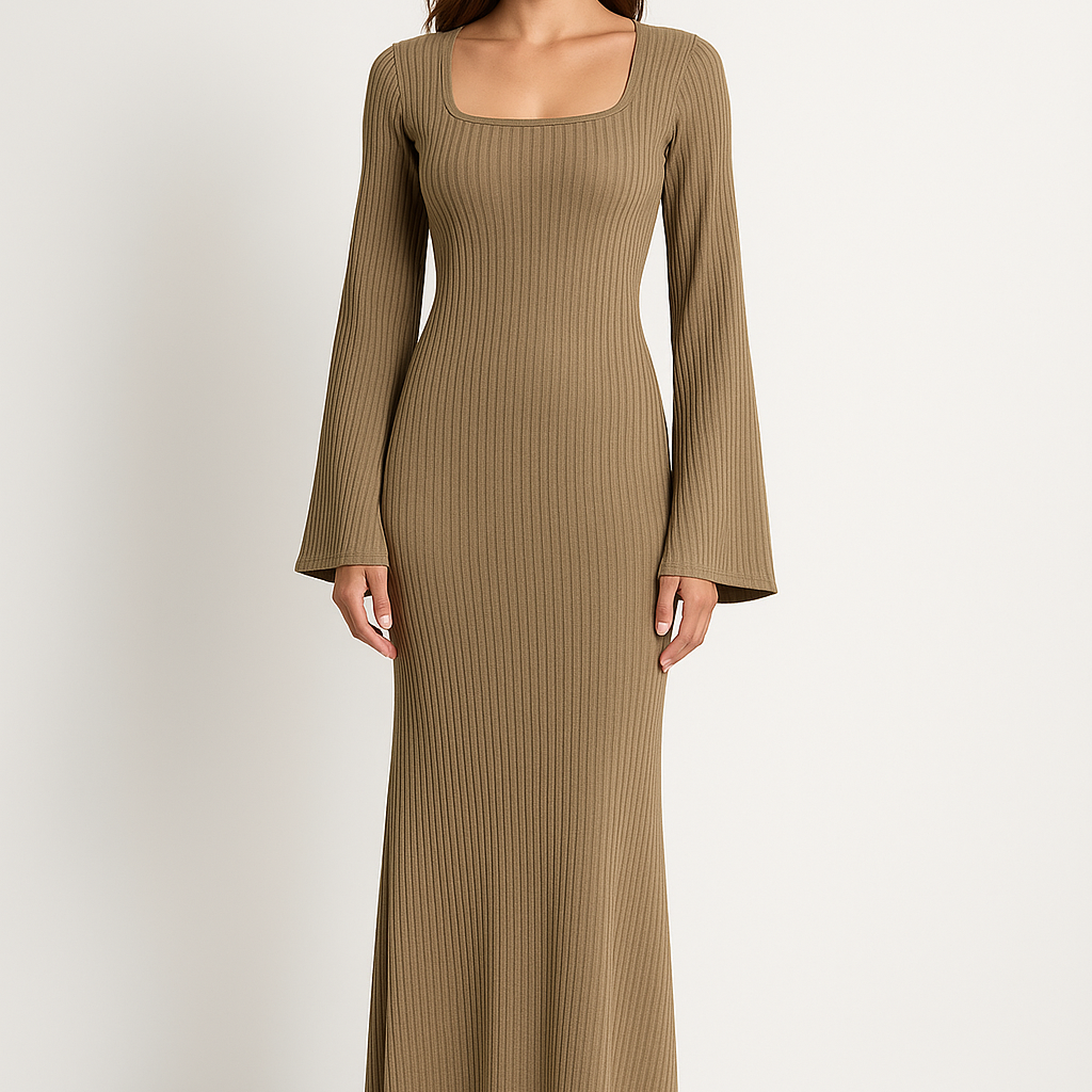 Abito da donna a maniche lunghe – Maglia a coste – Taglio a sirena – Scollo quadrato