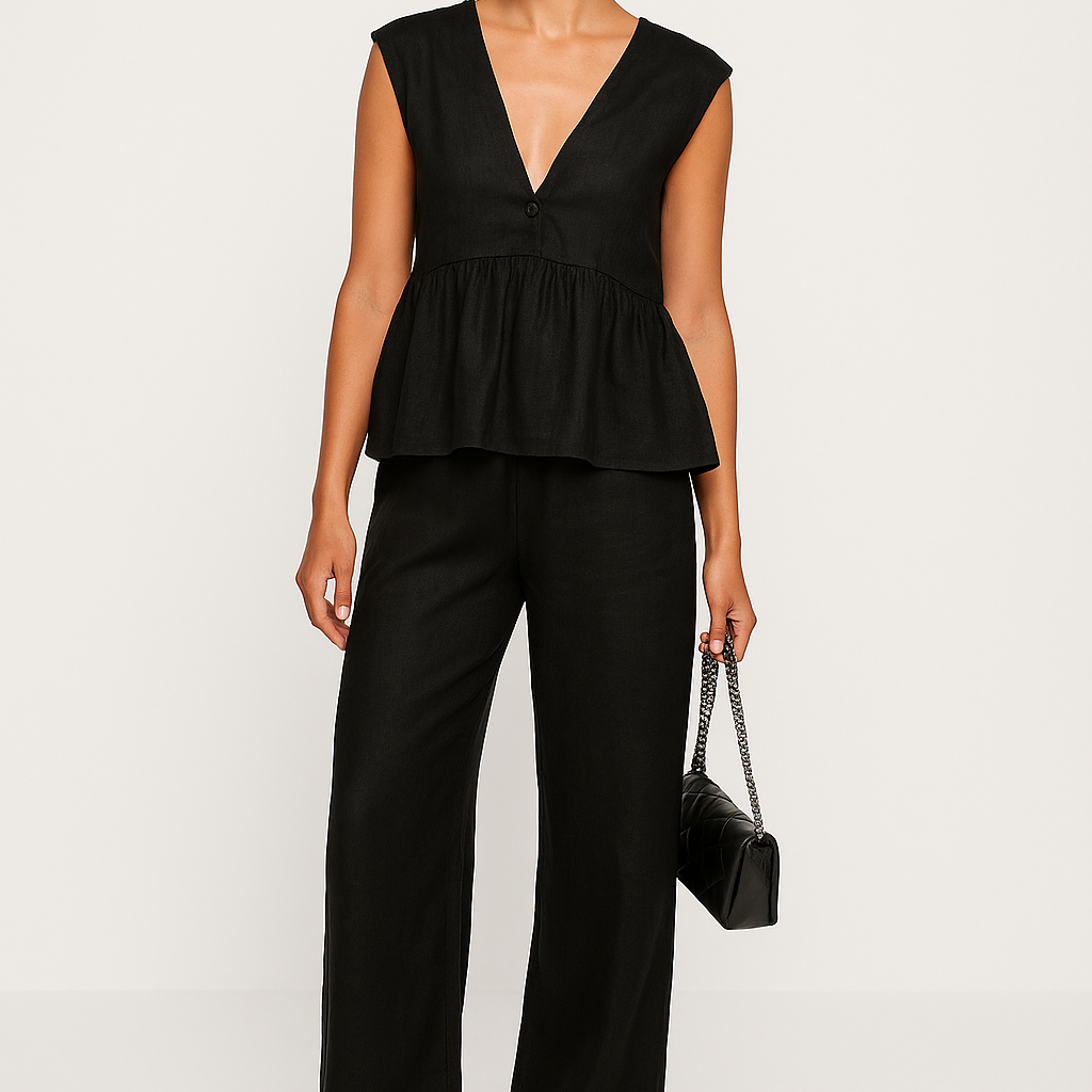 Completo due pezzi da donna – Top peplo senza maniche con scollo a V – Pantaloni lunghi e fluidi