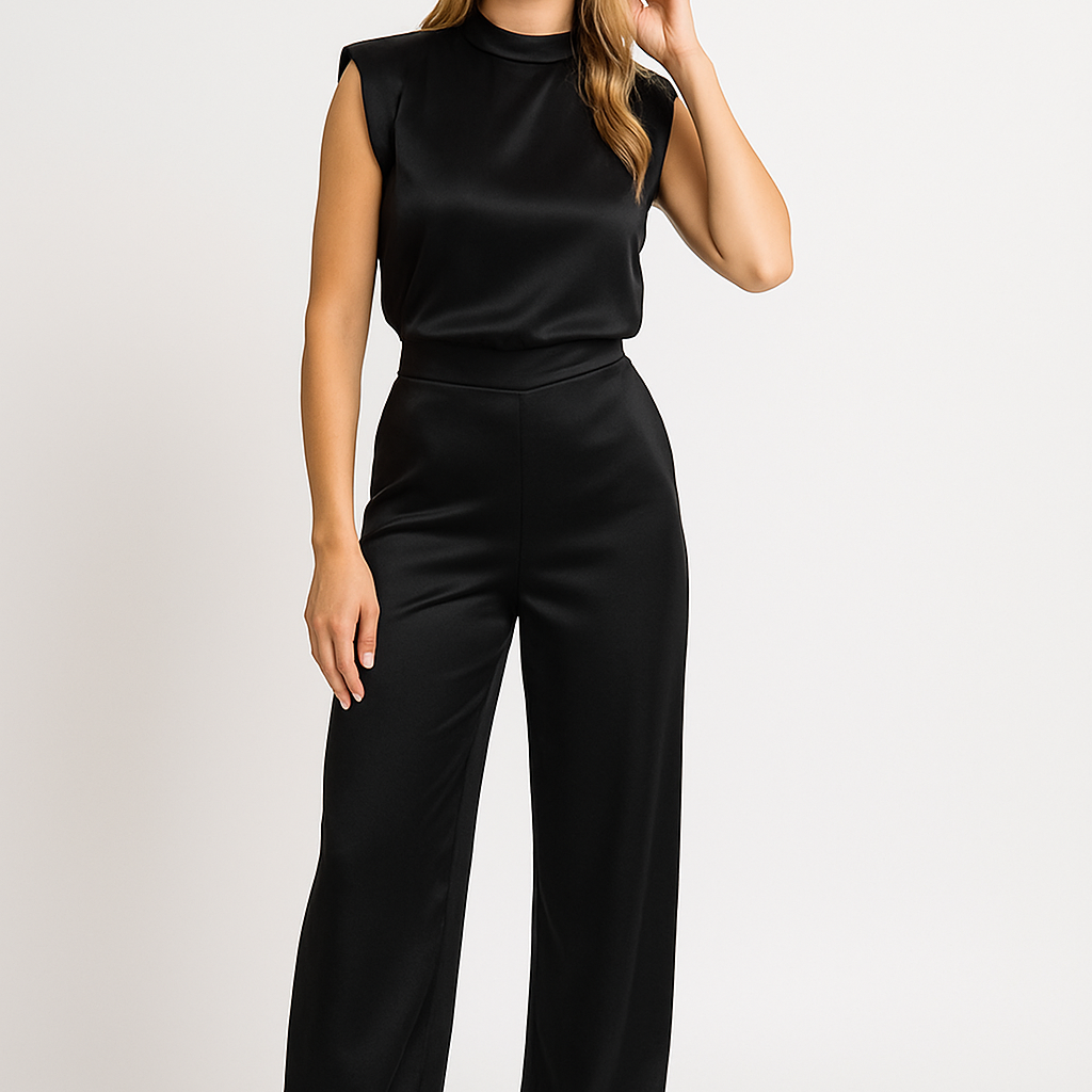 Tuta da donna – Finitura satinata – Senza maniche – Schiena scoperta – Gamba ampia e fluida
