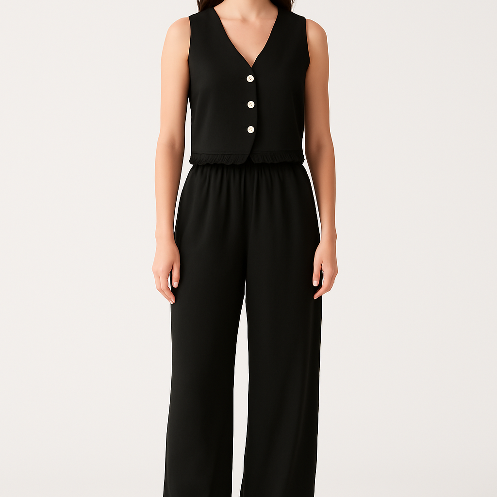 Completo da donna: gilet e pantaloni a gamba larga – taglio aderente – dettagli in pizzo – tessuto traspirante